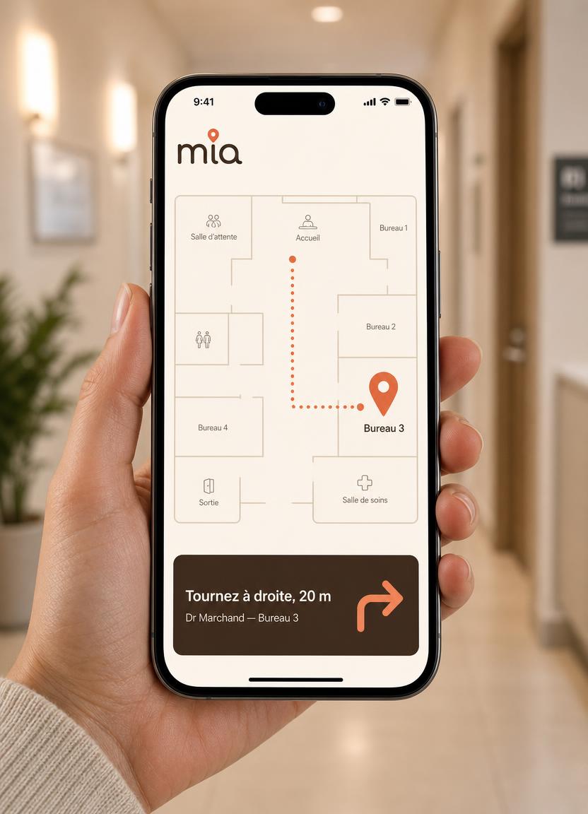 Écran MIA de guidage intérieur avec itinéraire vers le bureau 3