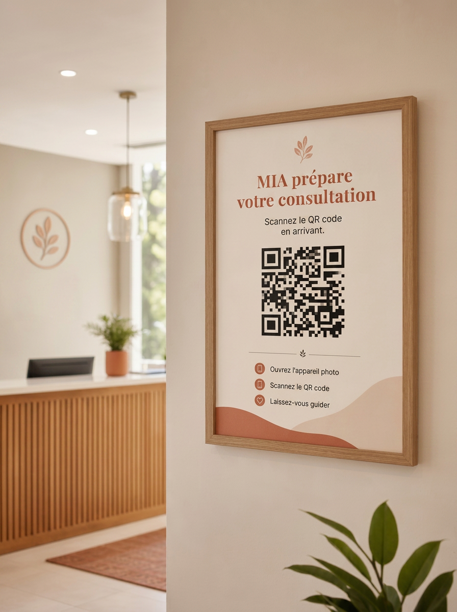 Affiche MIA avec QR code accrochée au mur à l'accueil de la clinique